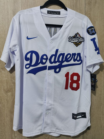 Jersey Dodgers de Los Angeles World series 2025 Blanco Yamamoto #18